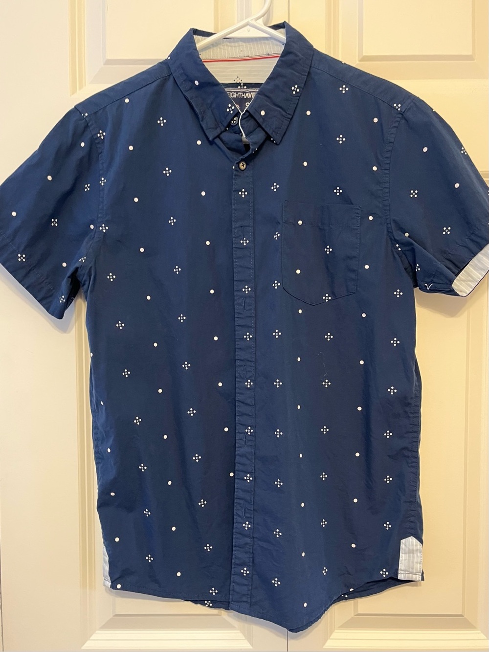 Mens Navy Short-Sleeve Button-Up with White Dot Pattern